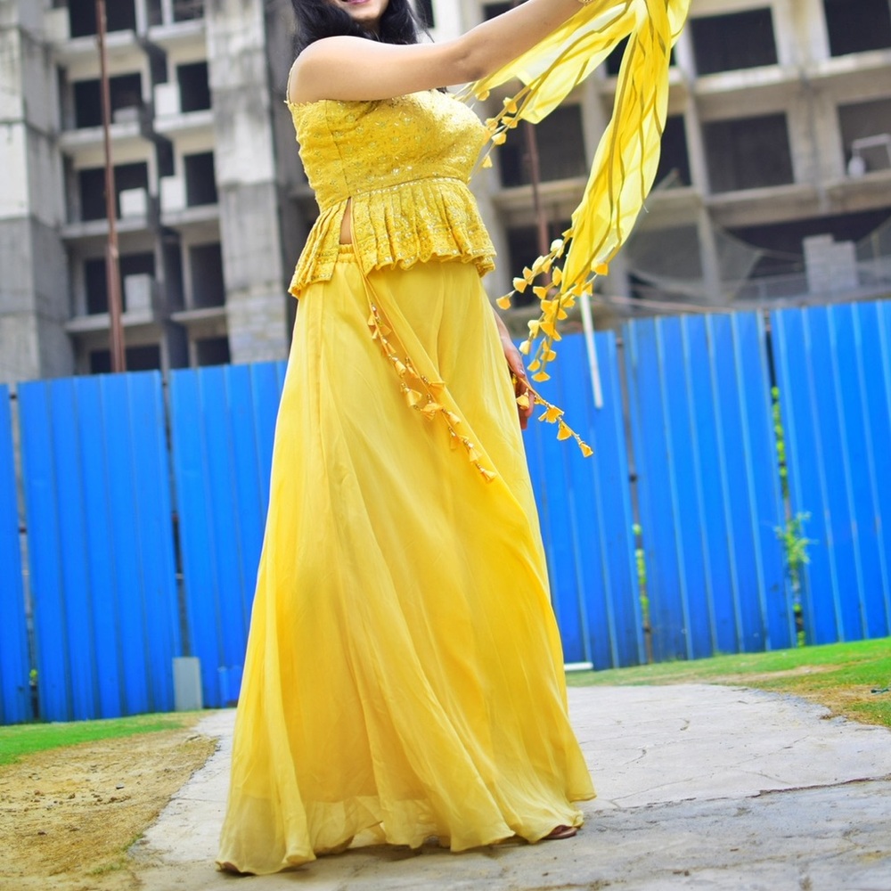 Brand new sharara Lehenga set in Elegant Yellow golden sequin embroidered